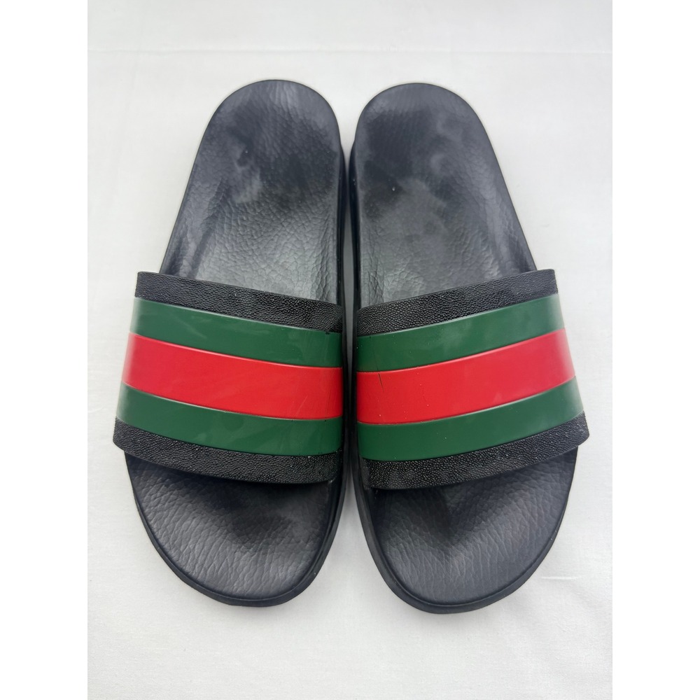 Gucci Pursuit Web Slide Sandals SZ 12 Black Green Red Stripe Sole Rubber NO BOX